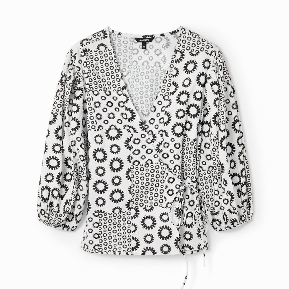 Euc Desigual Puff Sleeve Patchwork Wrap Blouse Top - image 4